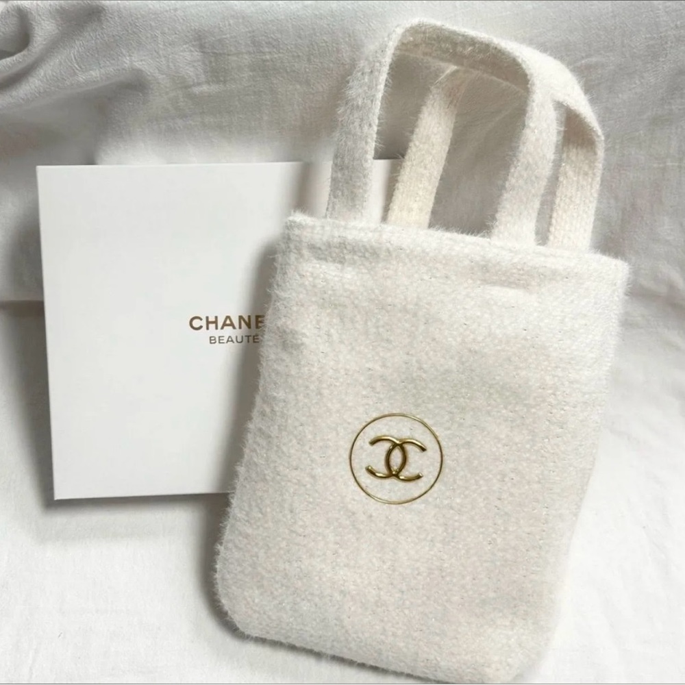 GWP Chanel White Wool Mini Tote with gold CC Logo